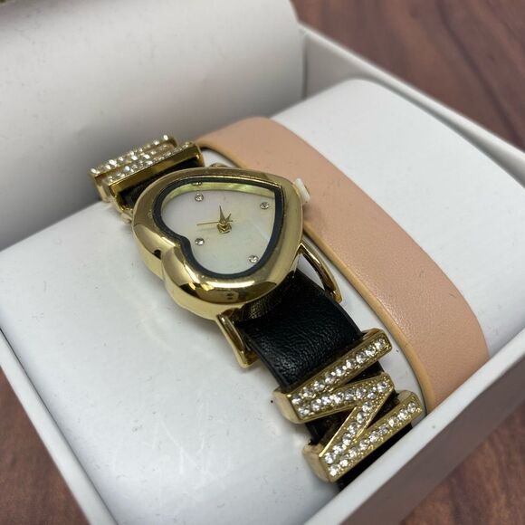 Women's "Mom" Black/Pink Leather Strap GOLD WHITE DIAL Analog Watch 21mm  PC07 - Picture 3 of 5